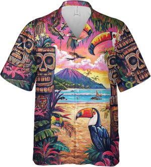 Tiki Beach Hawaiian Shirts for Men – Tiki Tribal Button Down Mens Hawaiian Shirts Short Sleeve