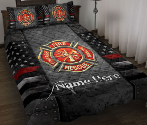 Personalized Firefighter Quilt Bedding Set, Thin Red Line American US Flag Quilt Blanket with Pillowcases, Custom Firefighter Gift