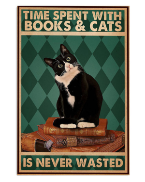 Loves Books and Cats Poster, Cat Lover Reading Wall Art, Cute Book Lover Cat Print Decor