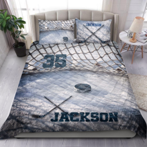 Personalized Ice Hockey Quilt Bedding Set, Custom Name and Number Hockey Blanket with Pillowcases, 3D Printed Sports Quilt Gift